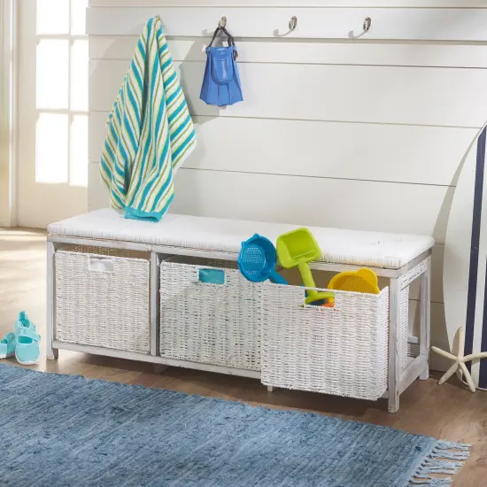 Badger Basket Kid's Storage Bench with Woven Top and Baskets - White {2}