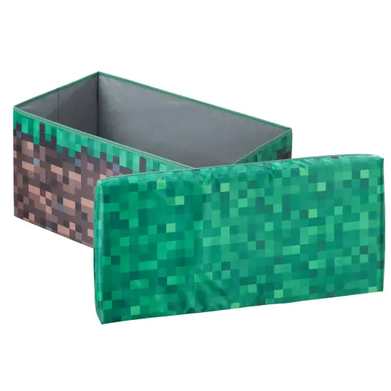 Minecraft: Bench Storage Box - Large - Pixel Grass Block, Collapsible Toy Storage w/ Lid, Footrest, 11.8 x 23.6 x 11.8", Game Theme Decor, Licensed {3}