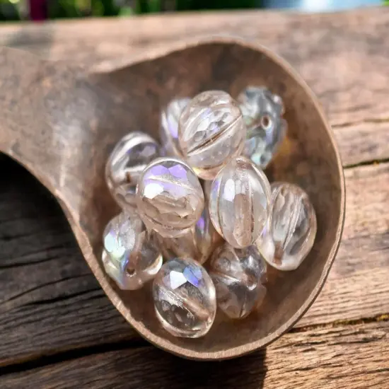 *12* 10mm Metallic Beige Washed Crystal AB Faceted Round Melon Beads {3}