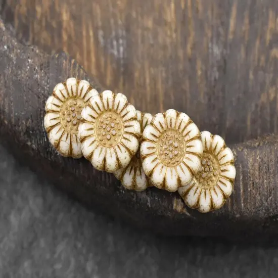 *12* 13mm Dark Bronze Washed Opaque Ivory Sunflower Coin Beads {4}