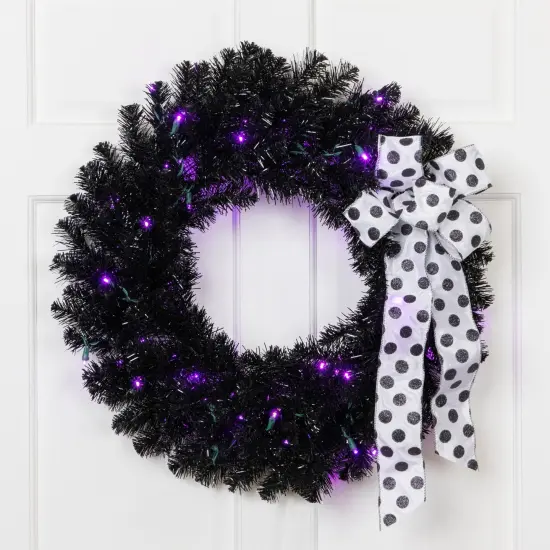 Northlight Black Crystal Pine Artificial Halloween Wreath - 24" - LED Purple {1}