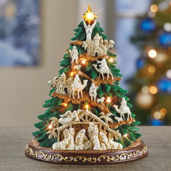 Collections Etc Hand-Painted Lighted Nativity Tree Tabletop Decoration {1}