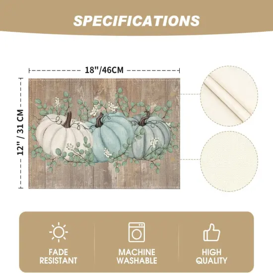 Set of 4 Pumpkins Fall Placemats - 12x18 Inch (Blue Leaves/Wood) {5}