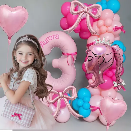 5pcs Pink Bow Balloons, Crown Girl Doll Foil(Hot Pink) {3}