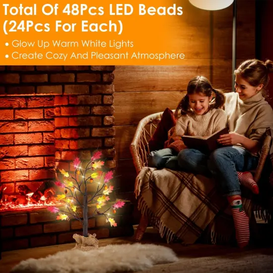 2Pcs 2FT Artificial Lighted Maple Tree With 24Pcs Warm White LED Beads 6Hrs Timer Battery Powered Artificial Fall Tree Tabletop Indoor Outdoor Fall Decoration Autumn Wedding Party Harvest {2}
