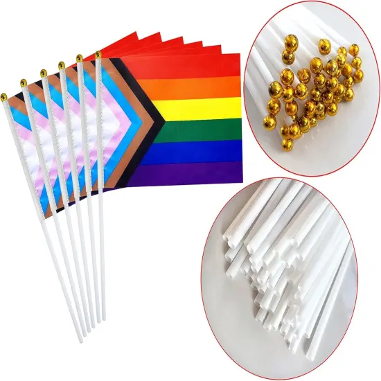 50 Pack Progress Pride Rainbow Stick Flag Small Mini Hand Held USA American LGBTQ Rainbow Gay Flags for Parades,Mardi Gras,Rainbow Party,8.2 x 5.5 inch {3}