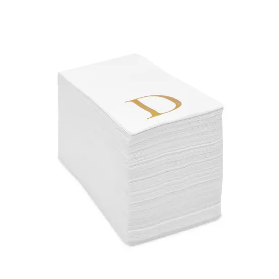 Sparkle and Bash 100 Pack Gold Foil Initial Letter D White Monogram Paper Napkins for Wedding Reception, Table Decorations (4 x 8 In) {7}