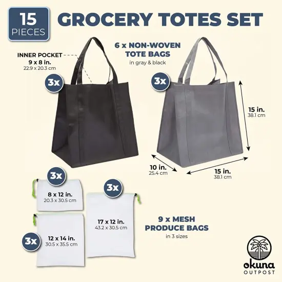 Non-Woven Tote Grocery Bags and Mesh Produce Shopping Bags (5 Sizes, 15 Pieces) Black {2}