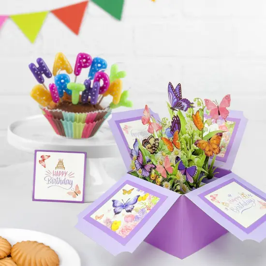 Wrapables 3D Pop Up Floral Greeting Card, Flower Bouquet Card for Birthdays, Butterflies {4}