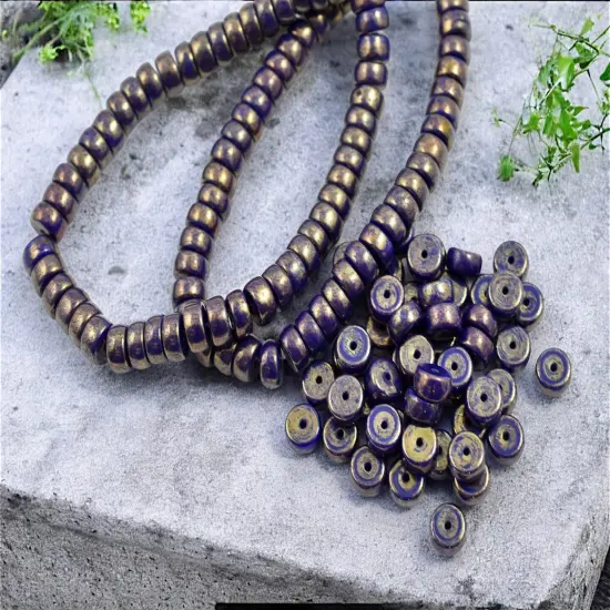 *50* 6x3mm Gold Lustered Opaque Indigo Heishi Beads {4}