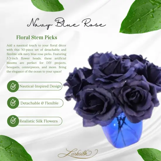 Oceanic Charms | 50-Piece Set | Detachable & Flexible Silk Navy Blue Rose Picks | 3.5" Flower Heads | Add a Nautical Touch to Floral Decor & DIY Projects, Floral Home by Artificial Flowers {5}