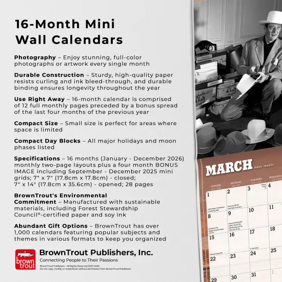John Wayne OFFICIAL | 2026 7 x 14 Inch (Hanging) Monthly Mini Wall Calendar {6}