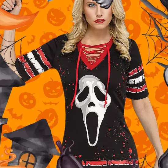 Ghost Face Dress Costume for Adults Halloween Lace-Up V-Neck Iconic Mask Print {2}
