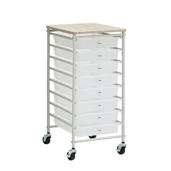 Wooden Top Compact Rolling Storage 8 Drawers Organizer Mobile Utility Cart White {1}