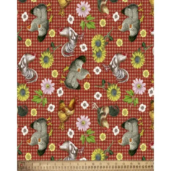 Floral Rooster Gingham Cotton Fabric | By the Yard | Sewing and Crafting | 44 inches wide {1}