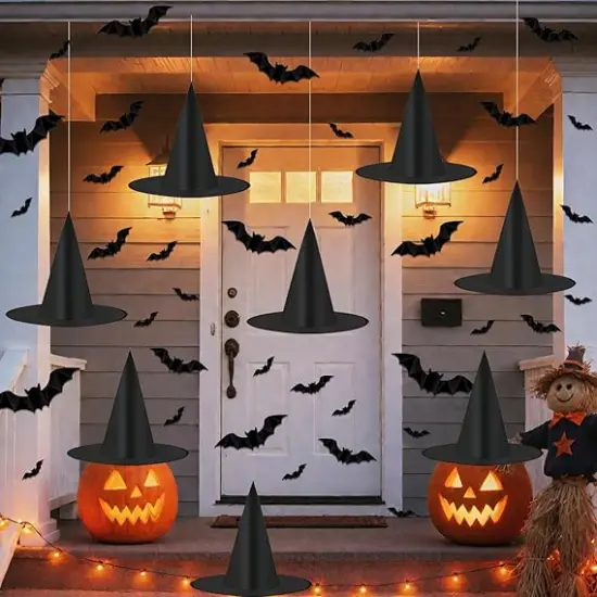 8 Pack Hanging Witch Hats & 32Pcs 3D Bats Halloween Decorations {1}