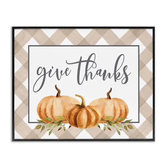 Give Thanks Calligraphy Autumnal Tartan Pumpkin BorderFramed Giclee Art Black {1}
