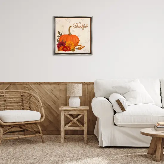 Thankful Pumpkin & Florals Floating Frame Canvas Art Gold {8}