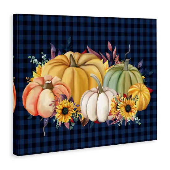 Sunflowers & Pumpkins Botanical Arrangement Blue Tartan Pattern Canvas Art {3}