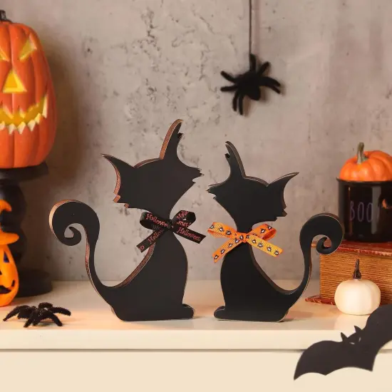 2Pcs Halloween Wood Black Cats Decor {4}