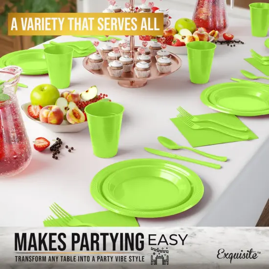 Exquisite 182 Pcs Plastic Plates for Party &ndash; Disposable Plates Set &ndash; 26 Each of 9" Dinner Plates, 7" Dessert Plates, Plastic Cups, Napkins & Plastic Cutlery &ndash; Plastic Dinnerware by Party Solids Lime {5}