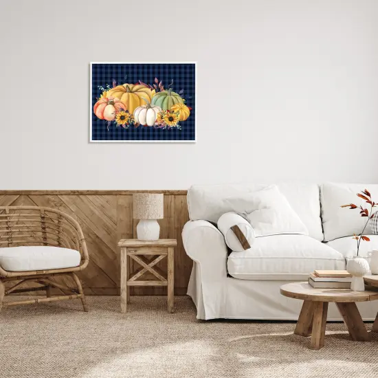 Sunflowers & Pumpkins Botanical Arrangement Blue Tartan Pattern Framed Giclee Art White {2}