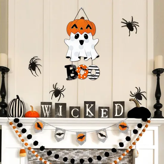 Halloween Ghost BOO Wood Door Hanging Sign Decorations - Ghost Pumpkin Boo {4}
