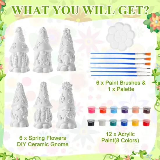 6 Pcs Spring Ceramics to Paint Ready to Paint Your Own Gnome Statues 5.12 Floral Theme Paintable Figurines DIY {5}