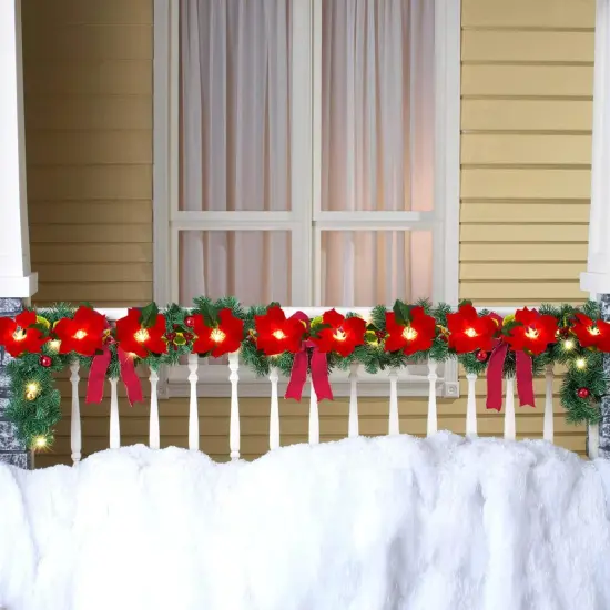 6.5Ft Lighted Poinsettia Christmas Garland with Red Berries and Holly Leaves, {4}
