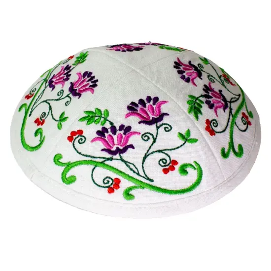 Kippah White Flowers Linen {1}