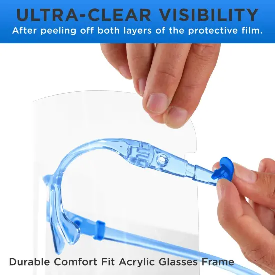 Safety Face Shields with Blue Glasses Frames (Pack of 25) - Ultra Clear Protective Full Face Shields to Protect Eyes Nose Mouth - Anti-Fog PET Plastic {5}