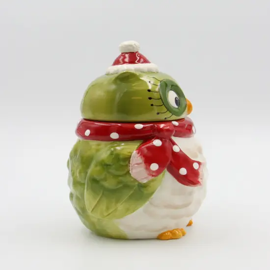 Ceramic Christmas Green Owl with Red Scarf Cookie Jar, Home D&eacute;cor, Gift for Her, Gift for Mom, Kitchen D&eacute;cor, Birdwatcher Gift {3}