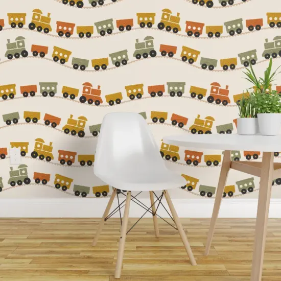 Pre-Pasted Wallpaper 2FT Wide Boho Baby Trains Retro Warm Colors Nursery Toy Train Kids Toddlers Custom Pre-pasted Wallpaper by Spoonflower {1}