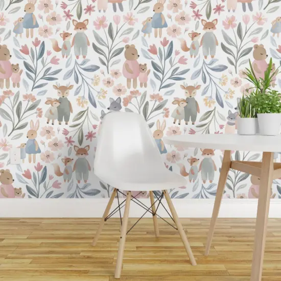 Peel & Stick Wallpaper 2FT Wide Watercolor Forest Pastel Woodland Bohemian Family Whimsical Fun Cute Happy Cheerful Soft Pink Blue White Custom Removable Wallpaper by Spoonflower {1}