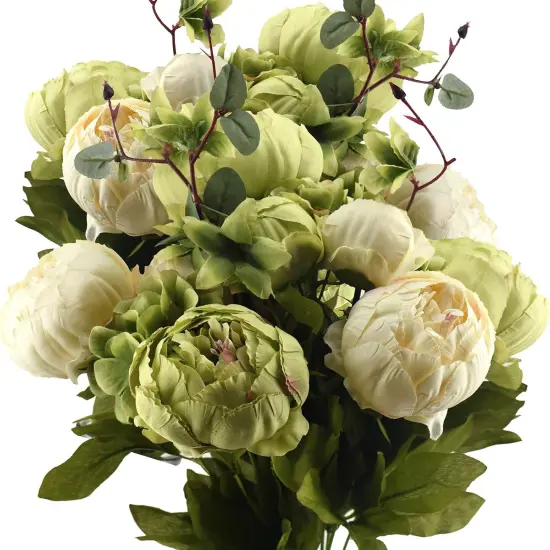 Mixed Cream Beige and Moss Green Vintage Artificial Silk Flower Peonies 2 Bouquets Floral {1}