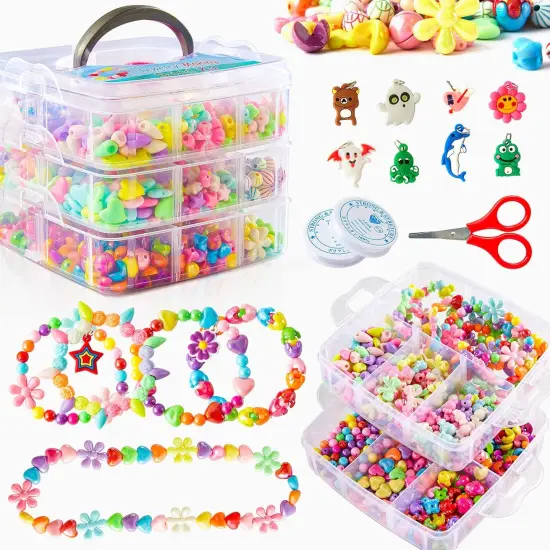 Beads for Kids Crafts, 1100 Jewelry Making Kit Includes Scissor, String, Instruction and Accessories for Bracelet Making {1}