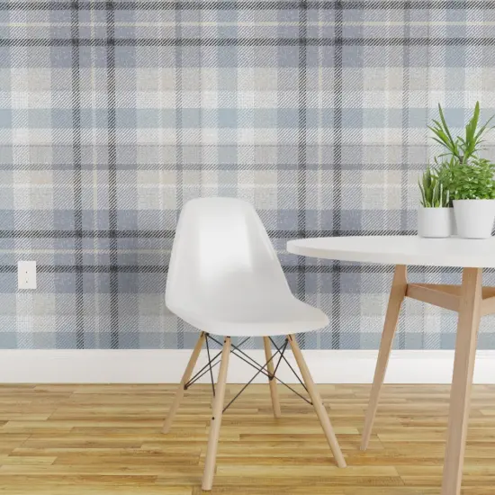 Peel & Stick Wallpaper 2FT Wide Blue Gray Plaid Neutral Classic Geometric Calm Check Traditional Large Scale Custom Removable Wallpaper by Spoonflower {1}