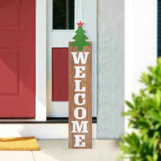 Northlight Christmas Tree and Star Wooden "Welcome" Porch Board Sign Decoration - 31.5" - Green Brown {1}