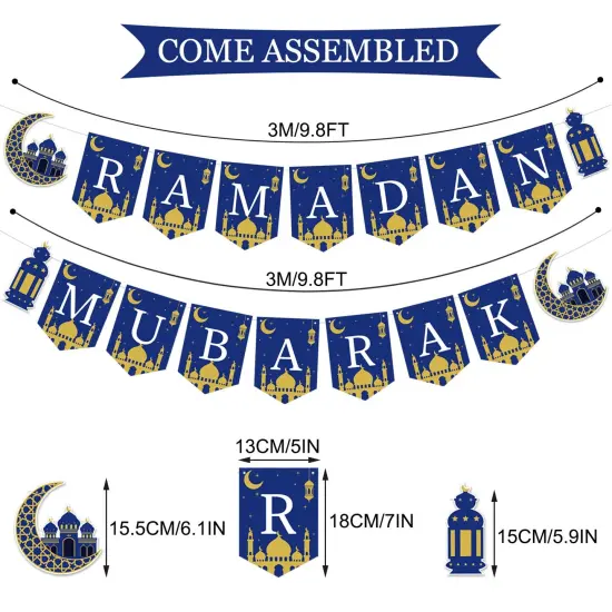 Ramadan Mubarak Banner Muslim Ramadan Mubarak Bunting Banner Garland with Lantern Moon Castle Sign Eid Mubarak Festival Celebration Party Decorations for Mantle Fireplace Wall Party Supplies {1}