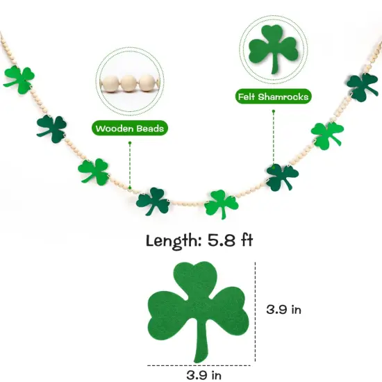 AKEROCK St Patricks Day Garland, Felt Shamrock Banner with Wooden Beads for St Patricks Day Decor, St Patricks Day Decorations for The Home, Saint Patricks Day Decorations {2}