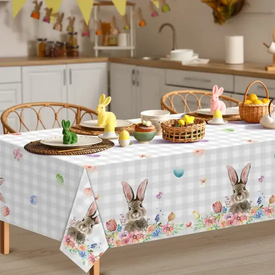 3Pcs Spring Easter Bunny Buffalo Plaid Checkered Tablecloth Decorations,Plastic Rabbit Egg Floral Pastel Dinner Table cover for Indoor Outdoor Birthday Easter Baby Shower Party Supplies,54x108 Inch {2}