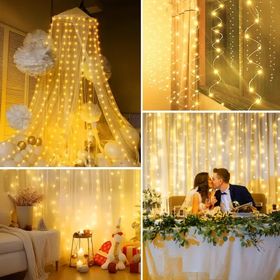 Minetom Curtain Lights, 300 LED Dimmable Fairy Lights with Remote and Timer, 8 Modes, USB Powered String Lights for Room Wall Party Xmas Indoor Decor, Warm White {2}