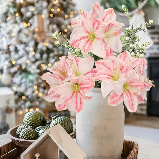 3PCS Amaryllis Artificial Flowers 17.3 Inch Faux Amaryllis Lily Flowers Stems with 4 Heads Silk Floral Bouquet for Spring Home Room Table Centerpiece Wedding Party Arrangements(Pale Pink) {4}