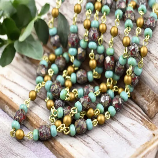 Czech Glass Southwest Blend Turquoise Tri Cut Beaded Chain with Gold Links -- Sold by the foot {2}