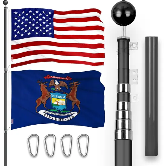 G128 Combo Pack: 20 Ft Telescoping Aluminum Flagpole (Black) & American and Michigan Flags 3x5 Ft, Both ToughWeave Series Embroidered Polyester | Pole with Flags Included {1}
