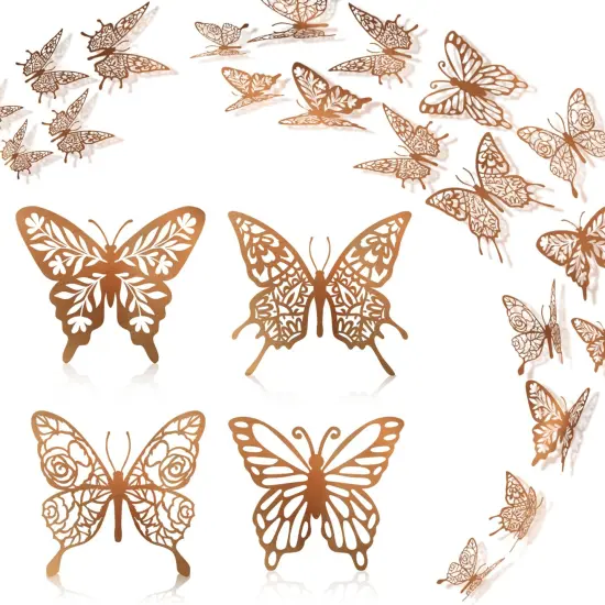 3D Butterfly Wall Decor 48 Pcs 4 Styles 3 Sizes - Gold Butterfly Decorations - Butterfly Birthday Decorations - Butterfly Party Decorations Balloon Cake Decoration - Removable Stickers for Kid Bedroom {1}