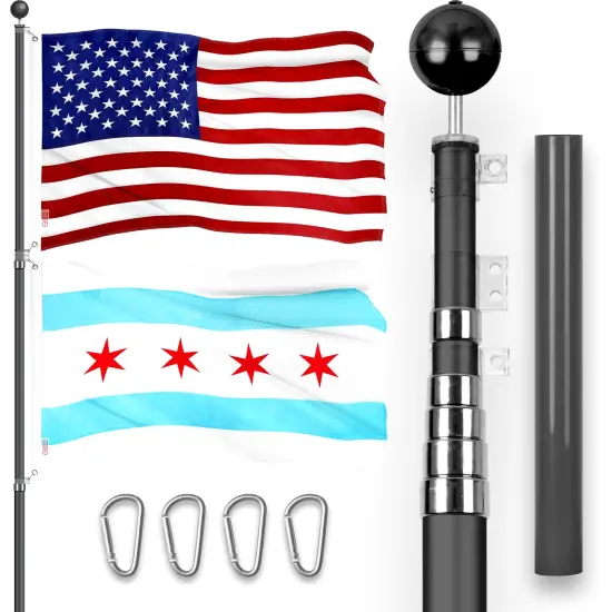 G128 Combo Pack: 20 Ft Telescoping Aluminum Flagpole (Black) & American and Chicago City Flags 3x5 Ft, Both ToughWeave Series Embroidered Polyester | Pole with Flags Included {1}