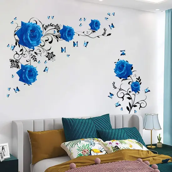 Supzone Blue Rose Wall Stickers Rose Flower Vine Wall Decal Blue Peony Floral Wall Decor DIY Vinyl Mural Art for Bedroom Living Room Sofa Backdrop TV Wall Decoration {6}