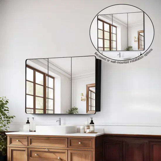 Basicwise 3-Door Aluminum Bathroom Medicine Cabinet, Round Corner Framed Door - Versatile Recessed Medicine Cabinet or Surface Mount, Mirrored Door Cabinet with Adjustable Glass Shelves, Matte Black {5}