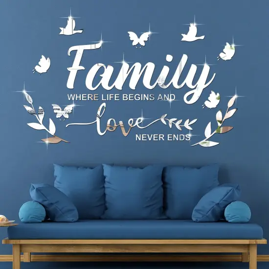 Mirror Family Wall Decor 3D Acrylic Wall Decal Stickers Family Letter Quotes Mirror Decor DIY Removable Wall Art Decals Motivational Butterfly Mural Stickers for Home Decor (Silver) {1}